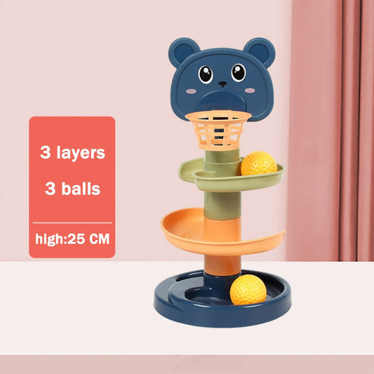 Torre de juguete con pelotas rodantes y aro de basquetbol